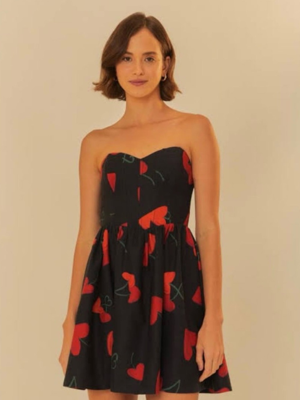 Farm Rio cherry love  Strapless Black Dress with Red Heart Print